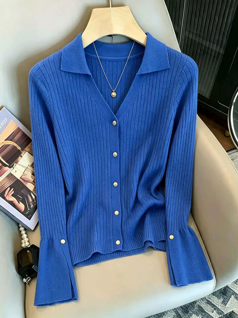 ZARA Chic Womens Solid Knit Bell Sleeve Cardigan Fall Winter Versatile Basic Top